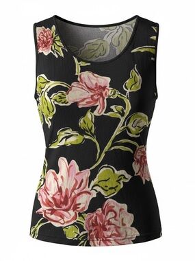 Vintage Bob Mackie Floral Scoop Neck Sheer Tank Top - Pink Floral on Black